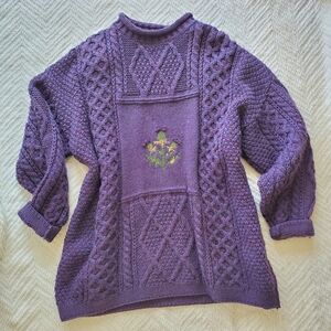 Vintage Acorn Chunky Aran Knit Purple Wool Thistle Fisherman Sweater